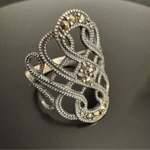 Sterling Silver Marcasite Filigree Ring Size 5.75 | Vintage Style Openwork Ring